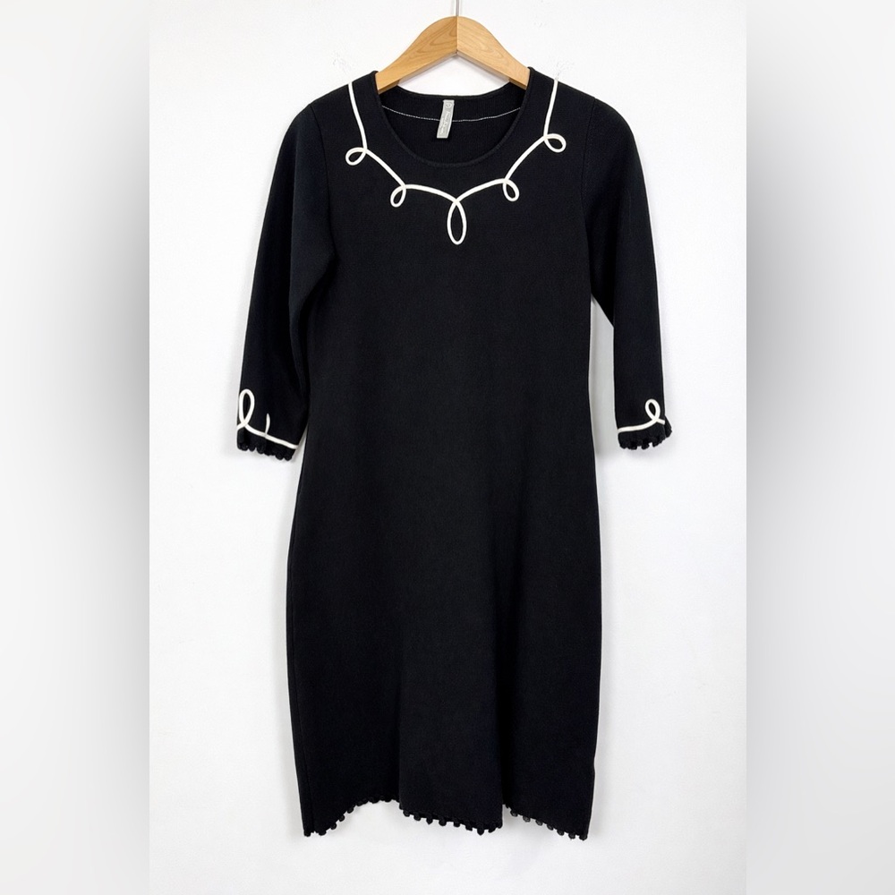 Hanna Andersson Black Combed Cotton Knit Scallop Trim Midi Dress Small Ruffle